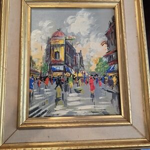 Paris Street Market Scene Oil Art Print in Gold Frame - Multicolor